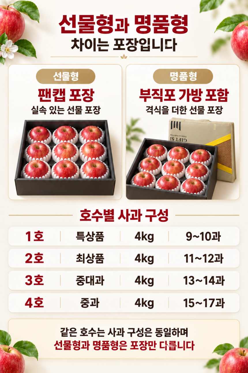 청송사과 4kg 선물세트의 포장 구성을 보여주는 이미지